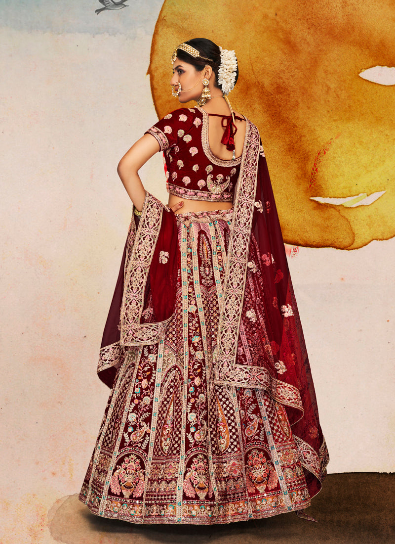 Designer Maroon Lehenga | Velvet Fabric with Dori and Zarkan Work