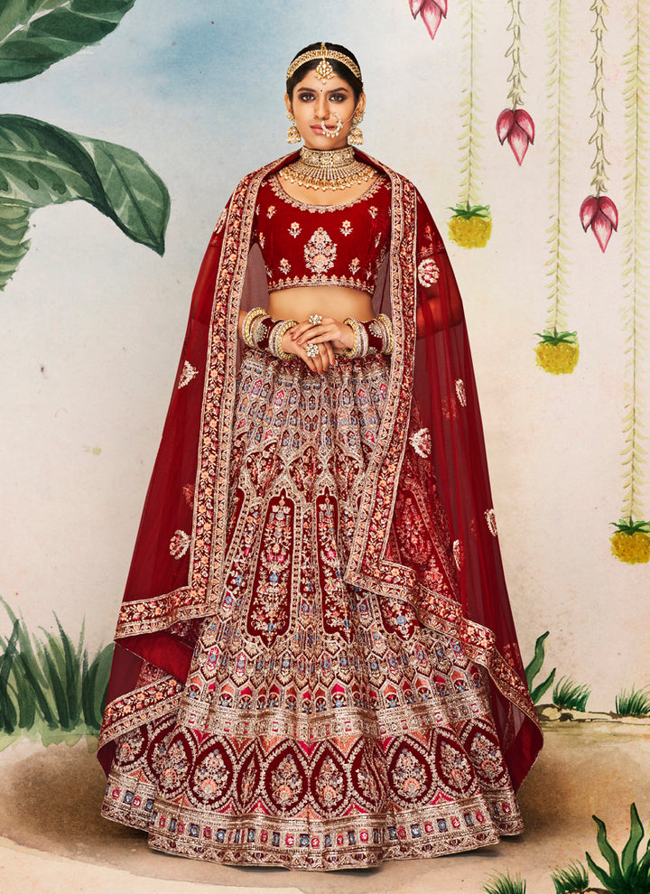 Luxurious Maroon Lehenga Set | Velvet Fabric with Dori Embroidery