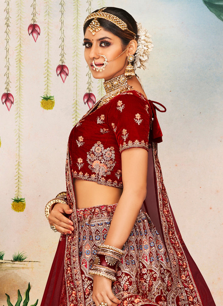 Luxurious Maroon Lehenga Set | Velvet Fabric with Dori Embroidery