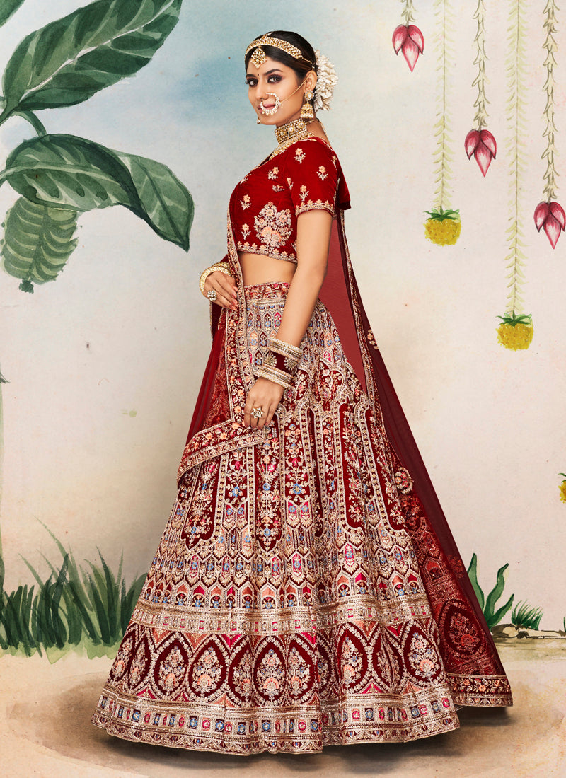 Luxurious Maroon Lehenga Set | Velvet Fabric with Dori Embroidery