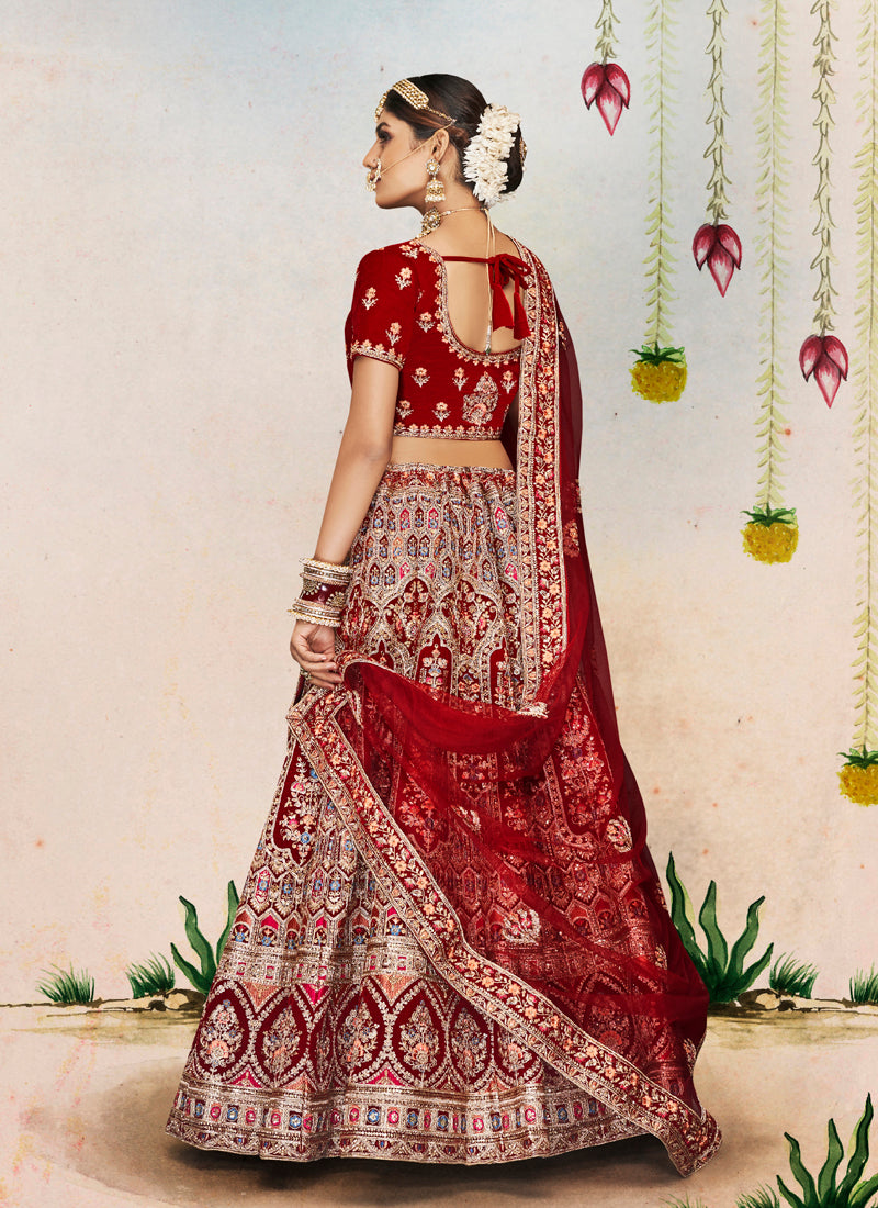 Luxurious Maroon Lehenga Set | Velvet Fabric with Dori Embroidery