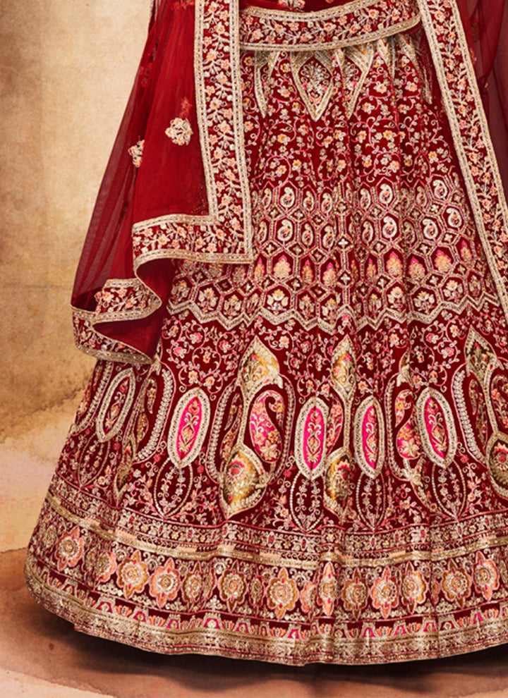 Stylish Maroon Lehenga Set | Velvet Fabric with Thread Work