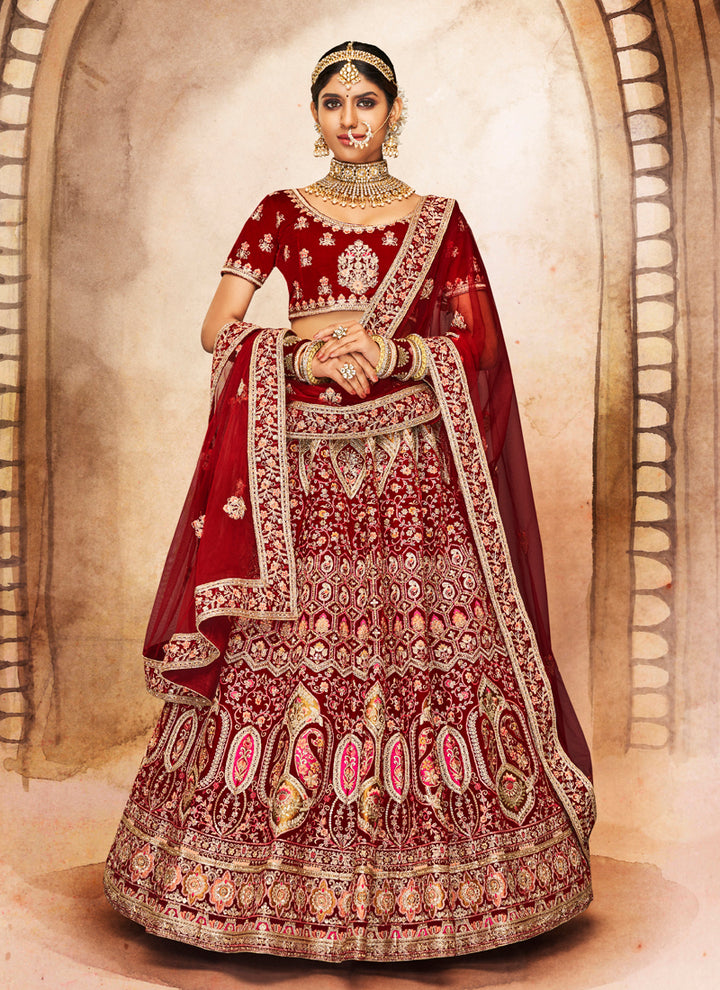 Stylish Maroon Lehenga Set | Velvet Fabric with Thread Work