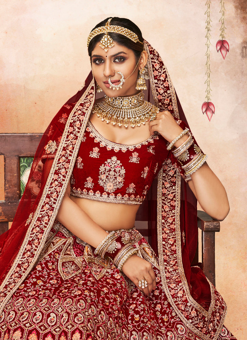 Stylish Maroon Lehenga Set | Velvet Fabric with Thread Work