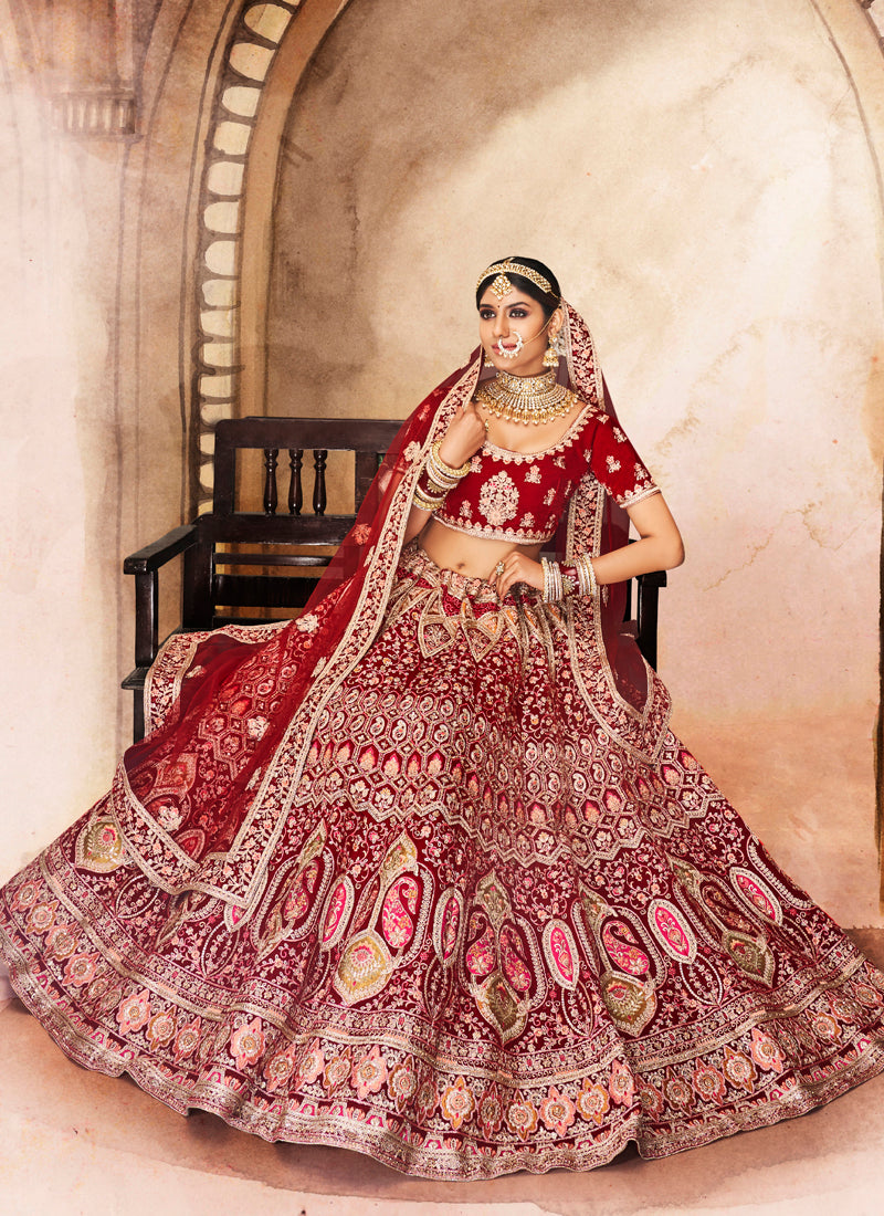 Stylish Maroon Lehenga Set | Velvet Fabric with Thread Work