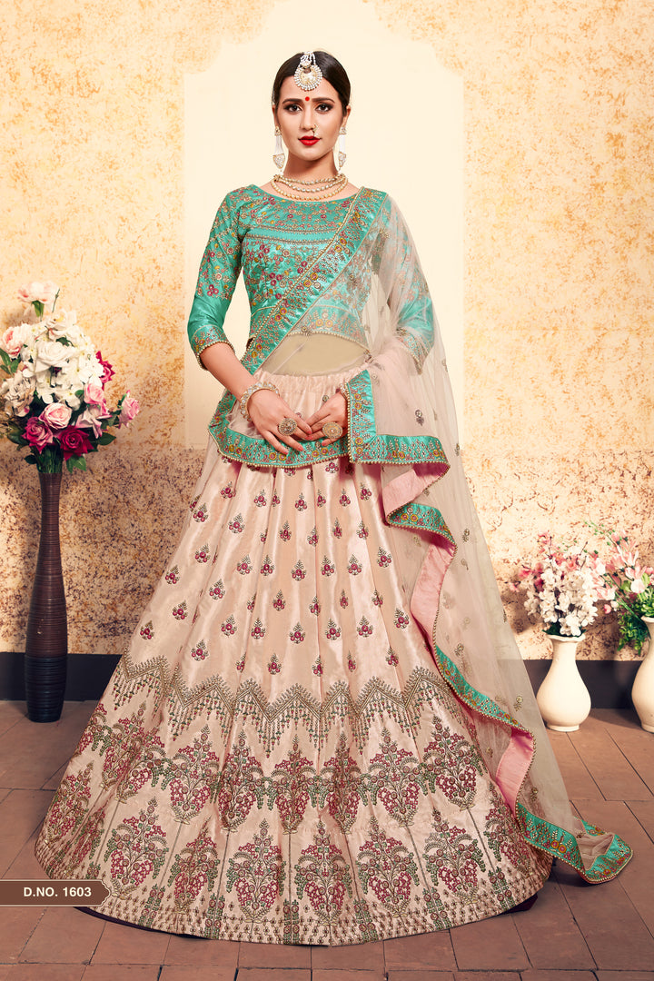 Elegant Peach and Green Lehenga Set | Satin Blouse & Soft Net Dupatta