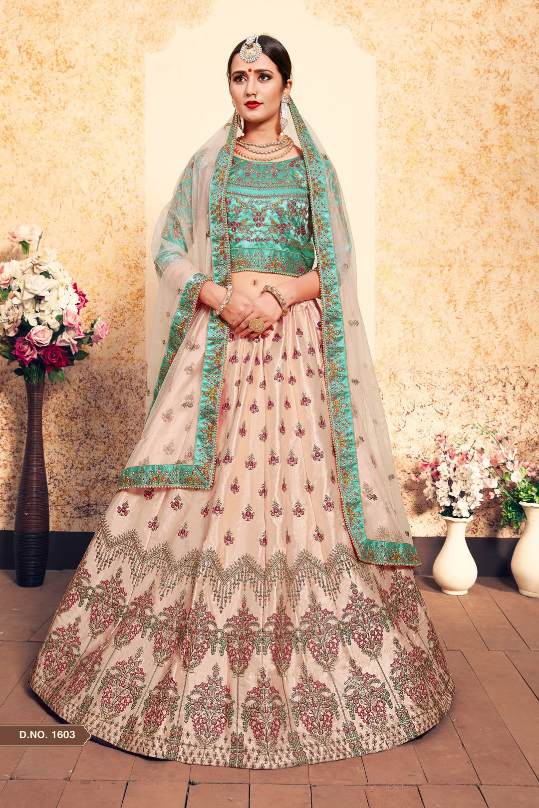 Elegant Peach and Green Lehenga Set | Satin Blouse & Soft Net Dupatta