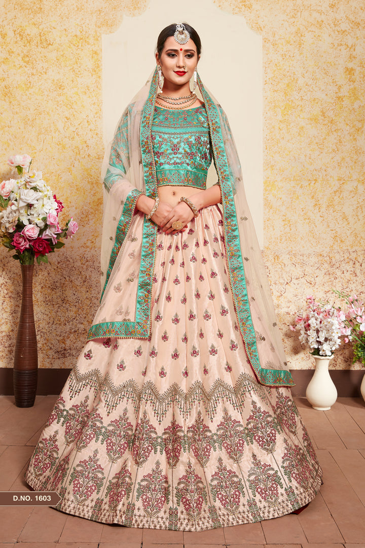 Elegant Peach and Green Lehenga Set | Satin Blouse & Soft Net Dupatta