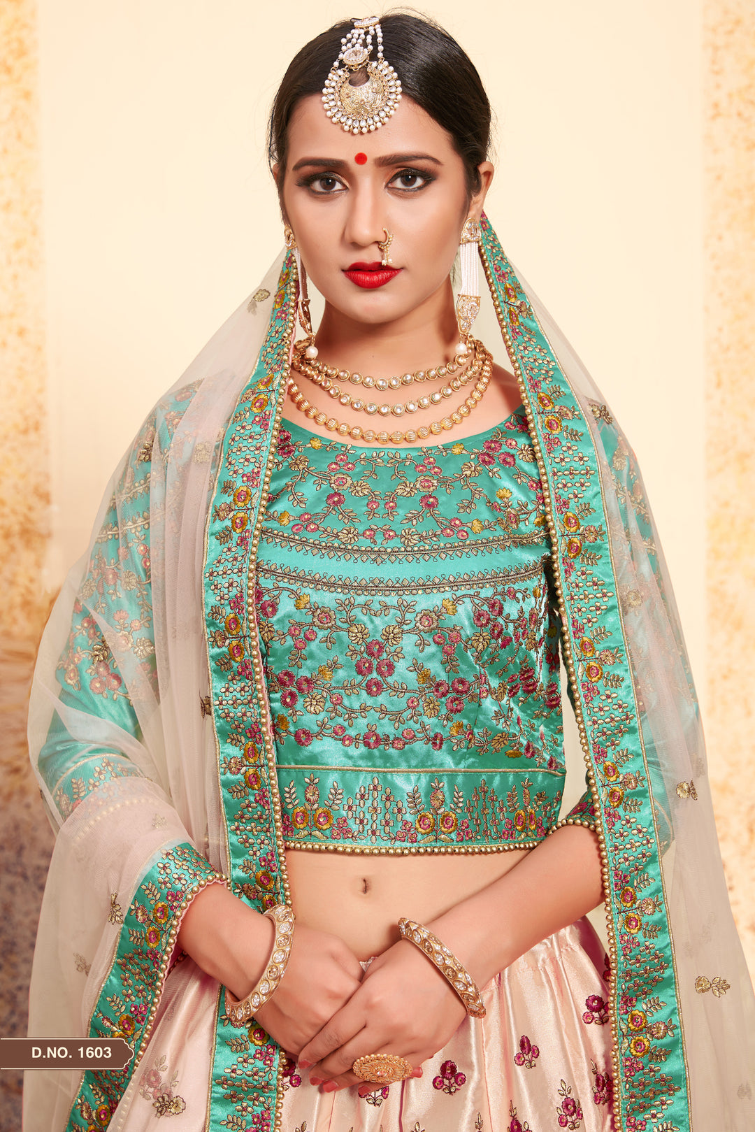 Elegant Peach and Green Lehenga Set | Satin Blouse & Soft Net Dupatta