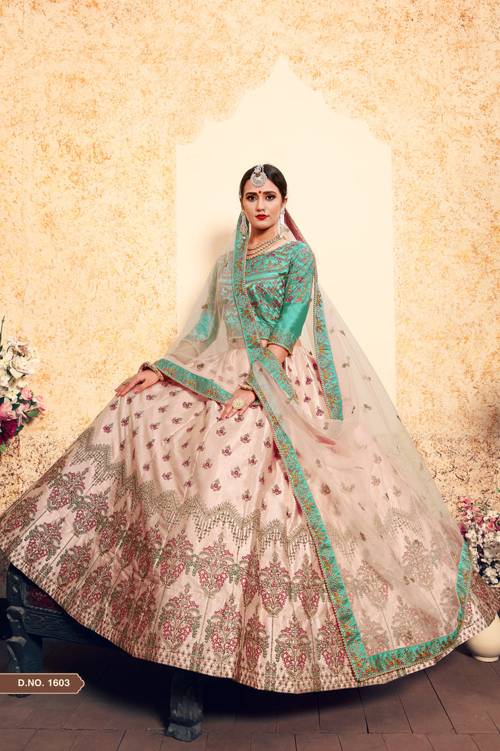 Elegant Peach and Green Lehenga Set | Satin Blouse & Soft Net Dupatta