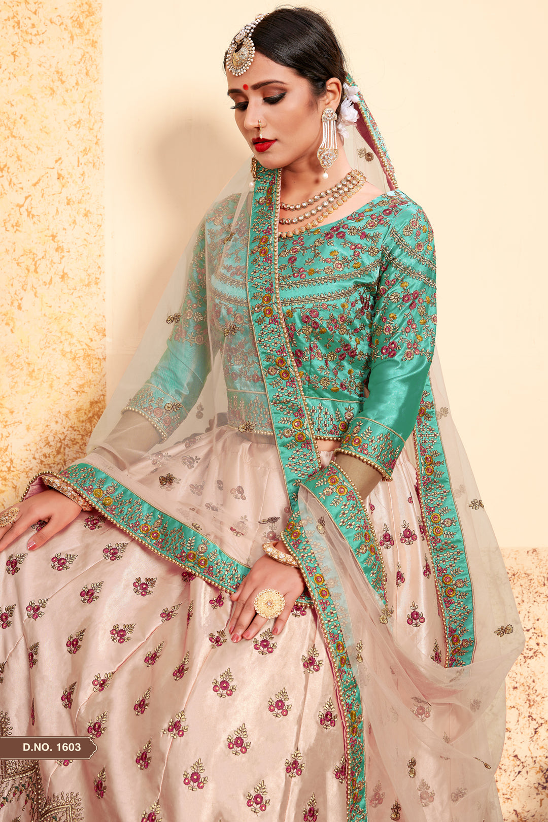 Elegant Peach and Green Lehenga Set | Satin Blouse & Soft Net Dupatta