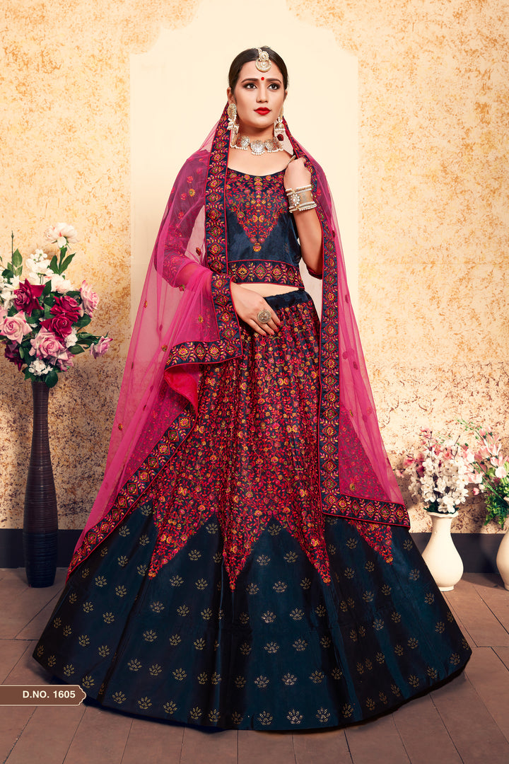 Satin Lehenga Choli with Embroidered Blouse | Party Wear Lehenga Set