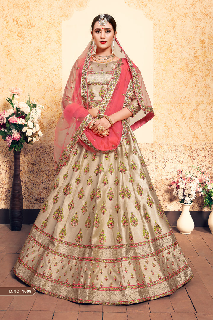 Satin Lehenga Choli with Embroidered Blouse | Wedding Lehenga Set