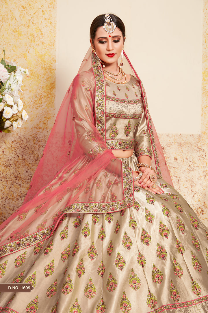 Satin Lehenga Choli with Embroidered Blouse | Wedding Lehenga Set