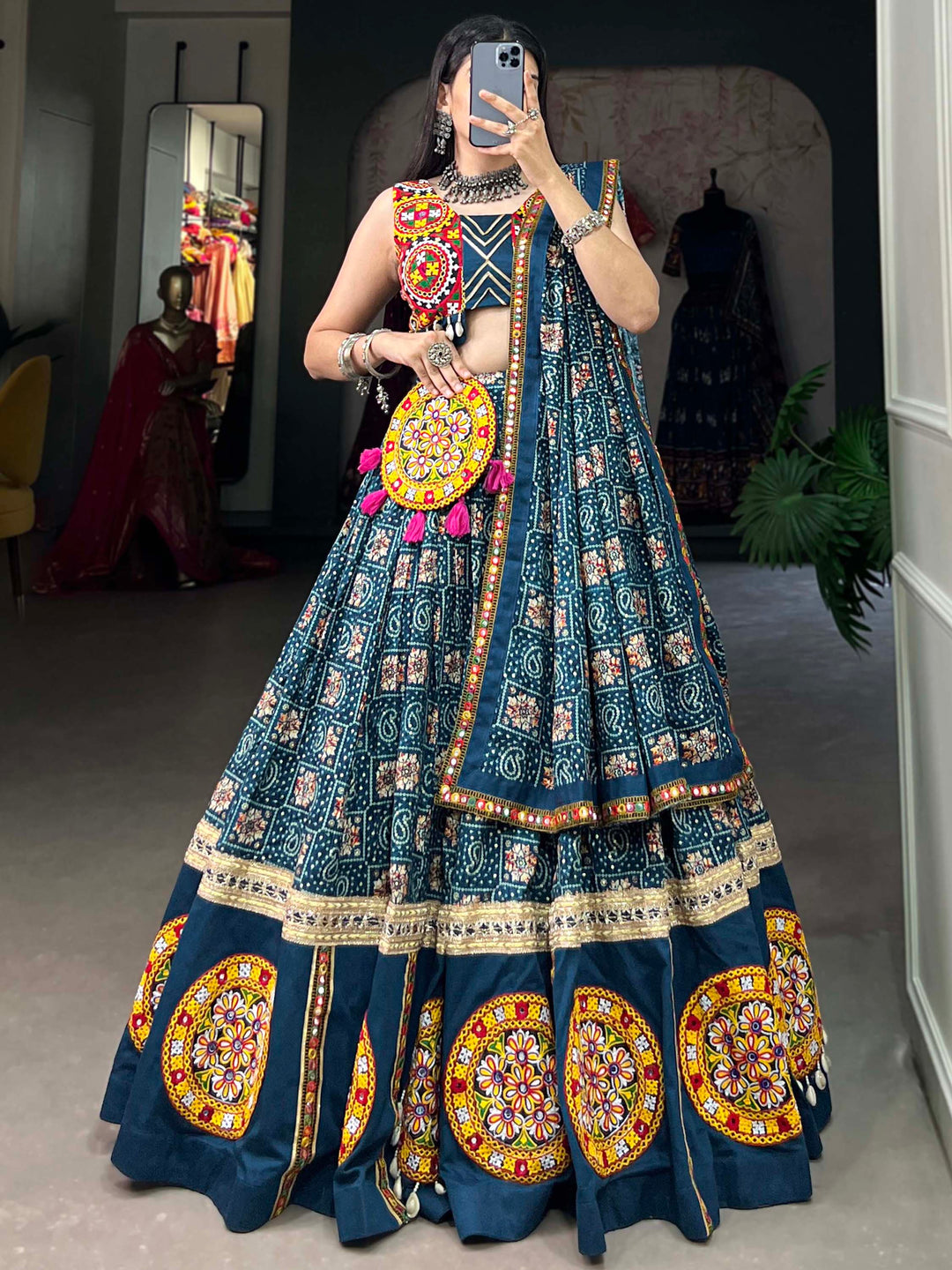 Dazzling Blue Bandhani Printed Rayon Navratri Lehenga Choli