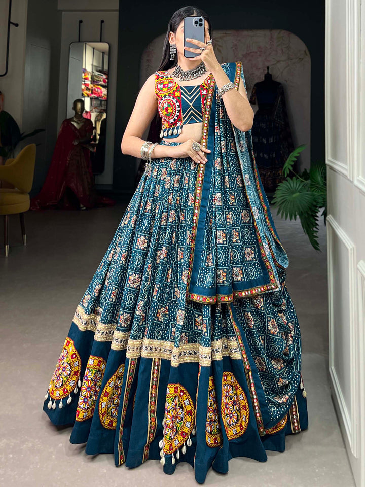 Dazzling Blue Bandhani Printed Rayon Navratri Lehenga Choli