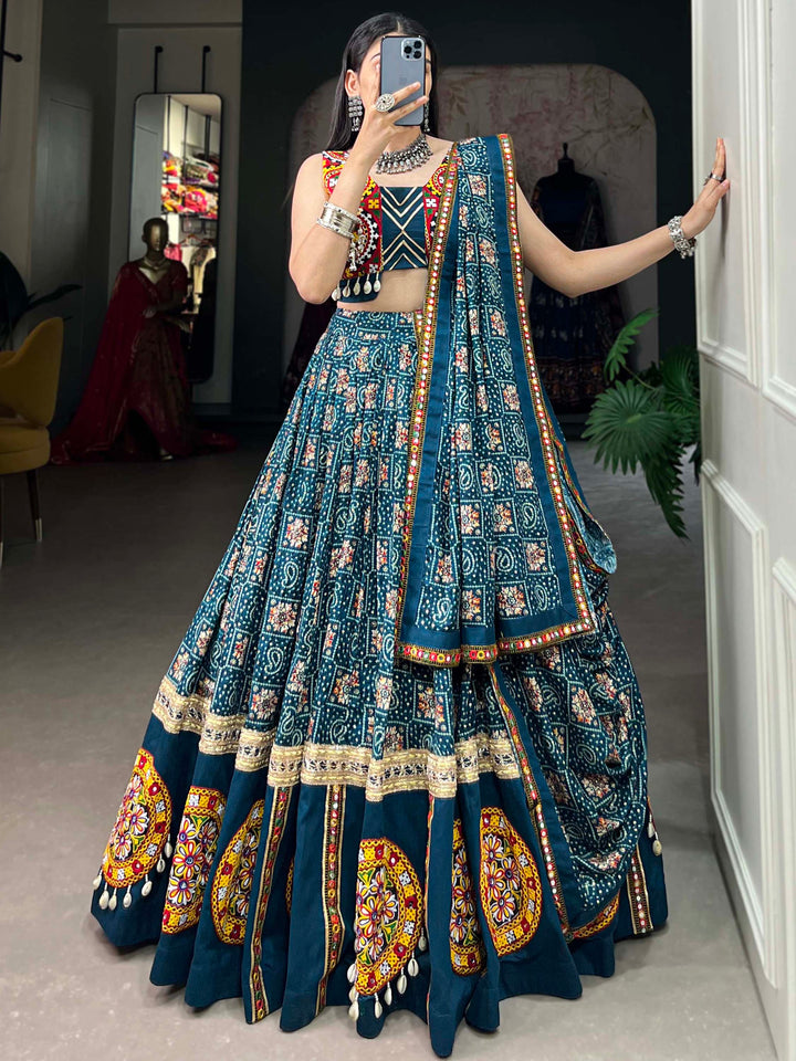 Dazzling Blue Bandhani Printed Rayon Navratri Lehenga Choli