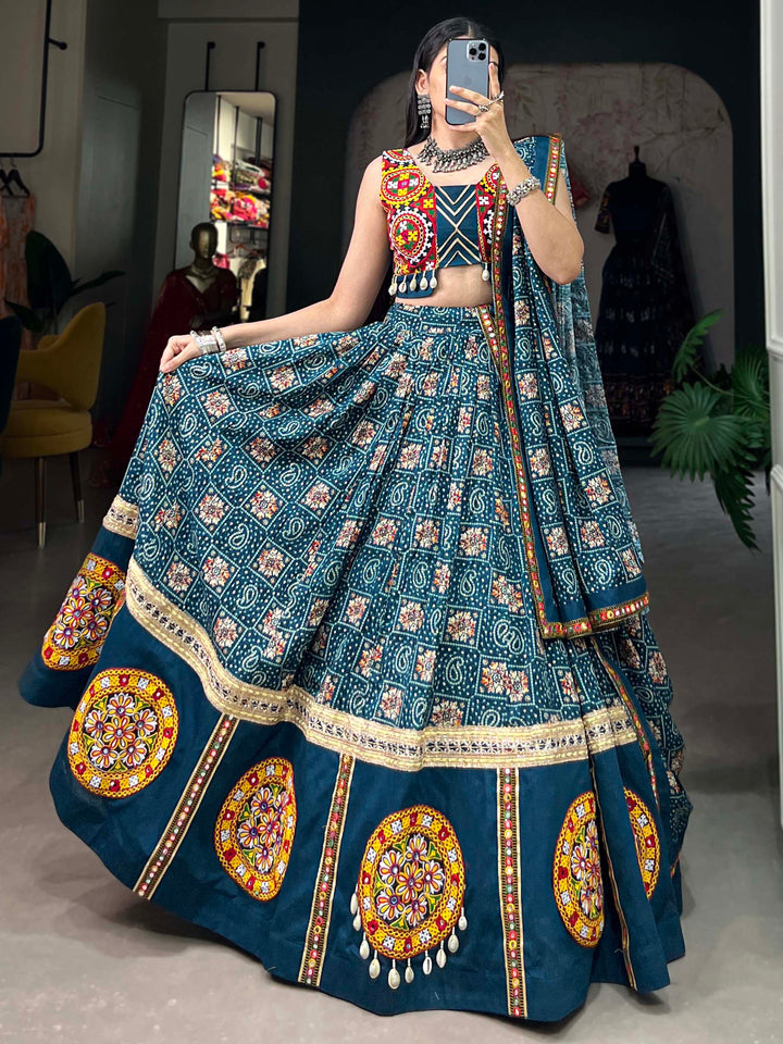 Dazzling Blue Bandhani Printed Rayon Navratri Lehenga Choli