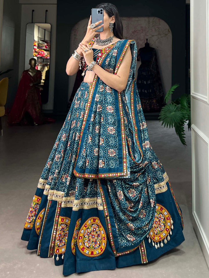 Dazzling Blue Bandhani Printed Rayon Navratri Lehenga Choli