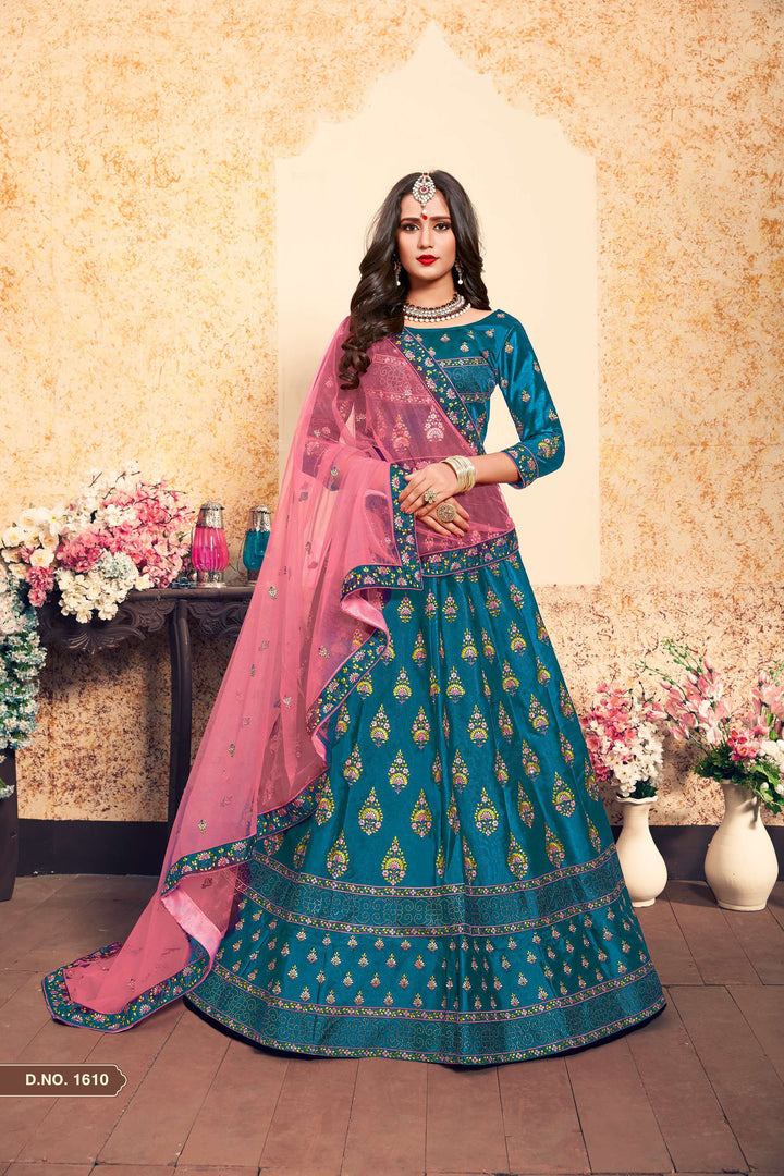 Satin Lehenga Choli with Embroidered Blouse | Wedding Lehenga Set