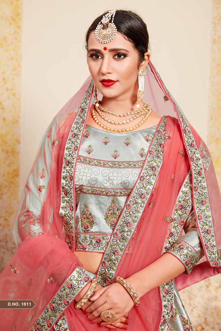 Satin Lehenga Choli with Embroidered Blouse | Wedding Lehenga Set