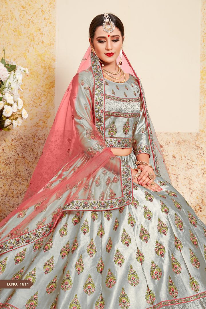 Satin Lehenga Choli with Embroidered Blouse | Wedding Lehenga Set