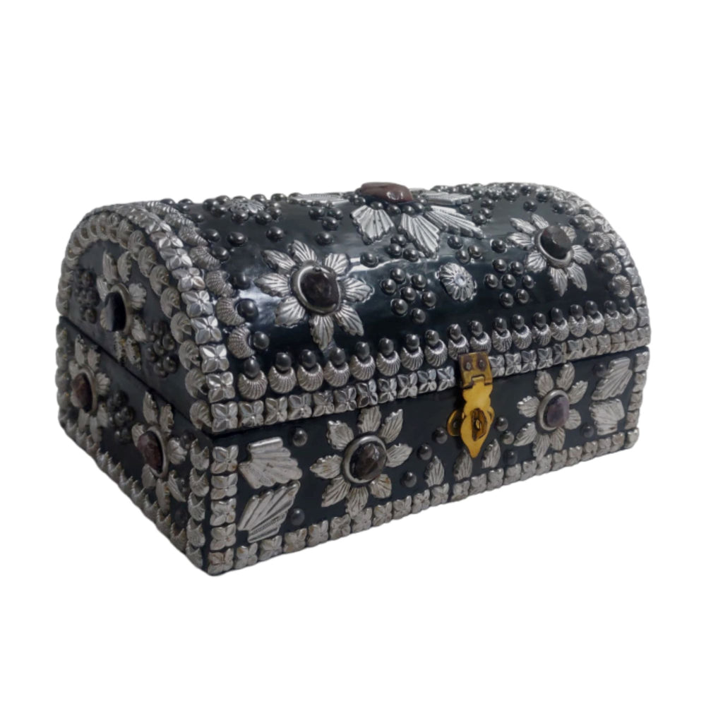 Elegant black and silver jewelry box perfect for keeping your accessories neatly organized.