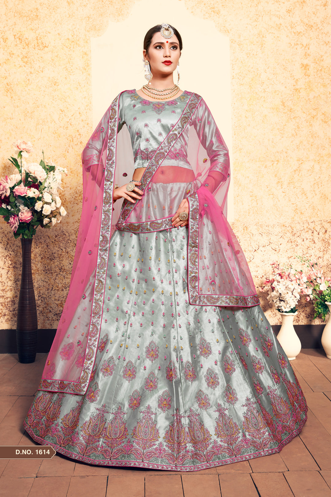 Grey Satin Lehenga | Embroidered Blouse & Soft Net Dupatta for Women