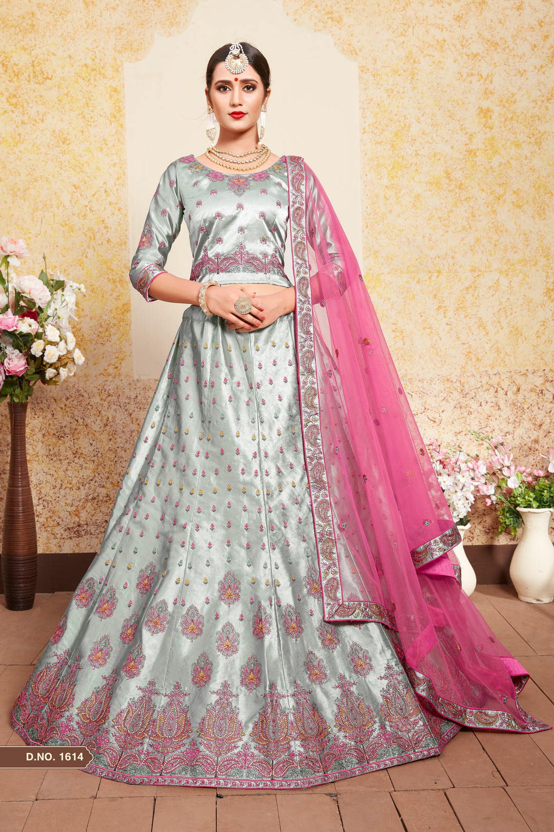 Grey Satin Lehenga | Embroidered Blouse & Soft Net Dupatta for Women