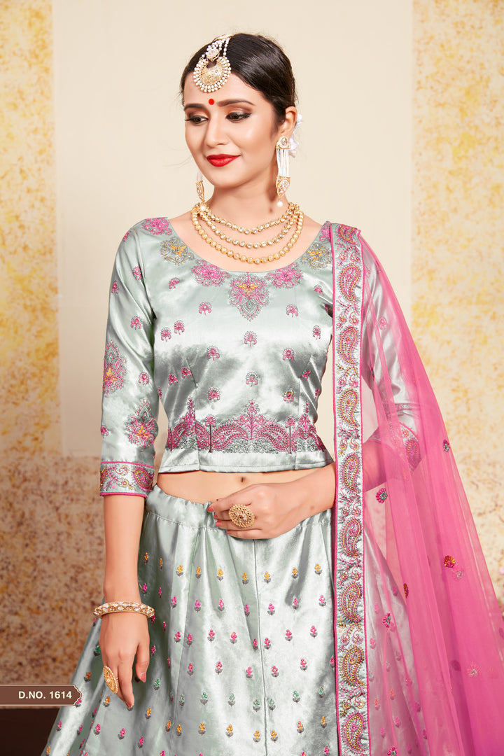 Grey Satin Lehenga | Embroidered Blouse & Soft Net Dupatta for Women