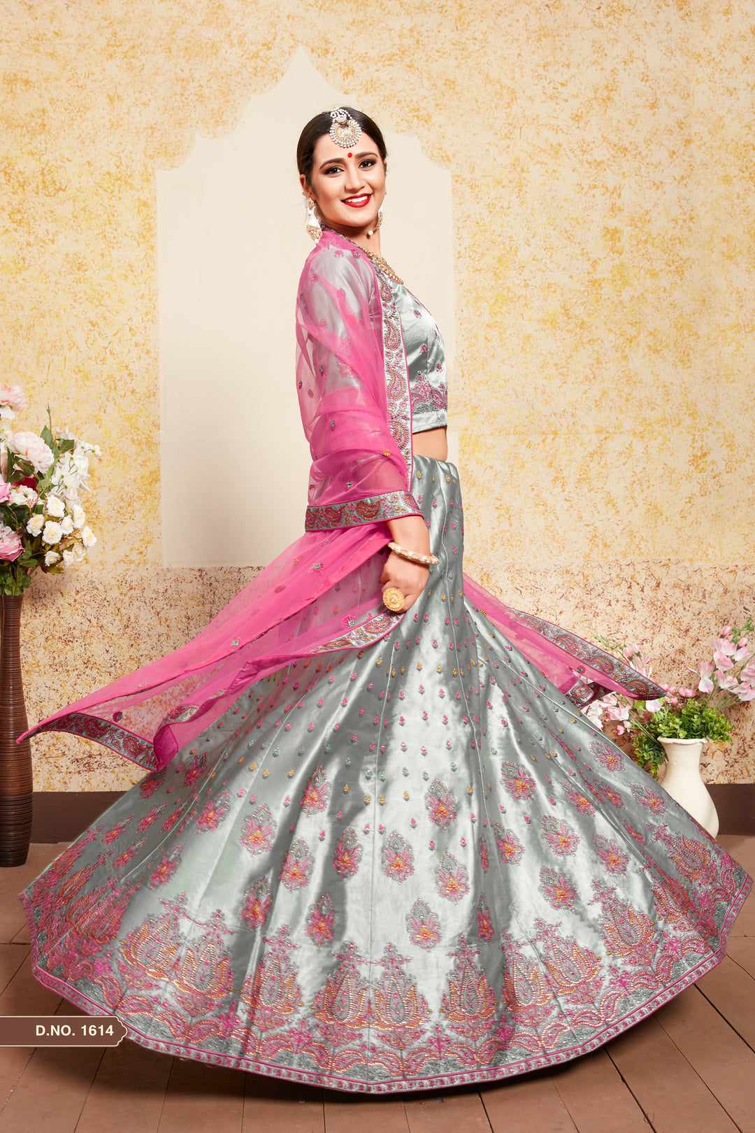 Grey Satin Lehenga | Embroidered Blouse & Soft Net Dupatta for Women