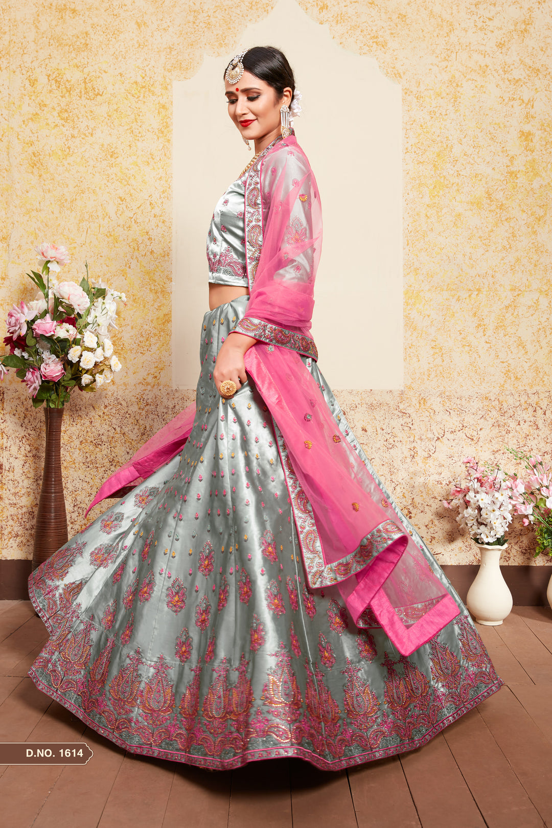 Grey Satin Lehenga | Embroidered Blouse & Soft Net Dupatta for Women