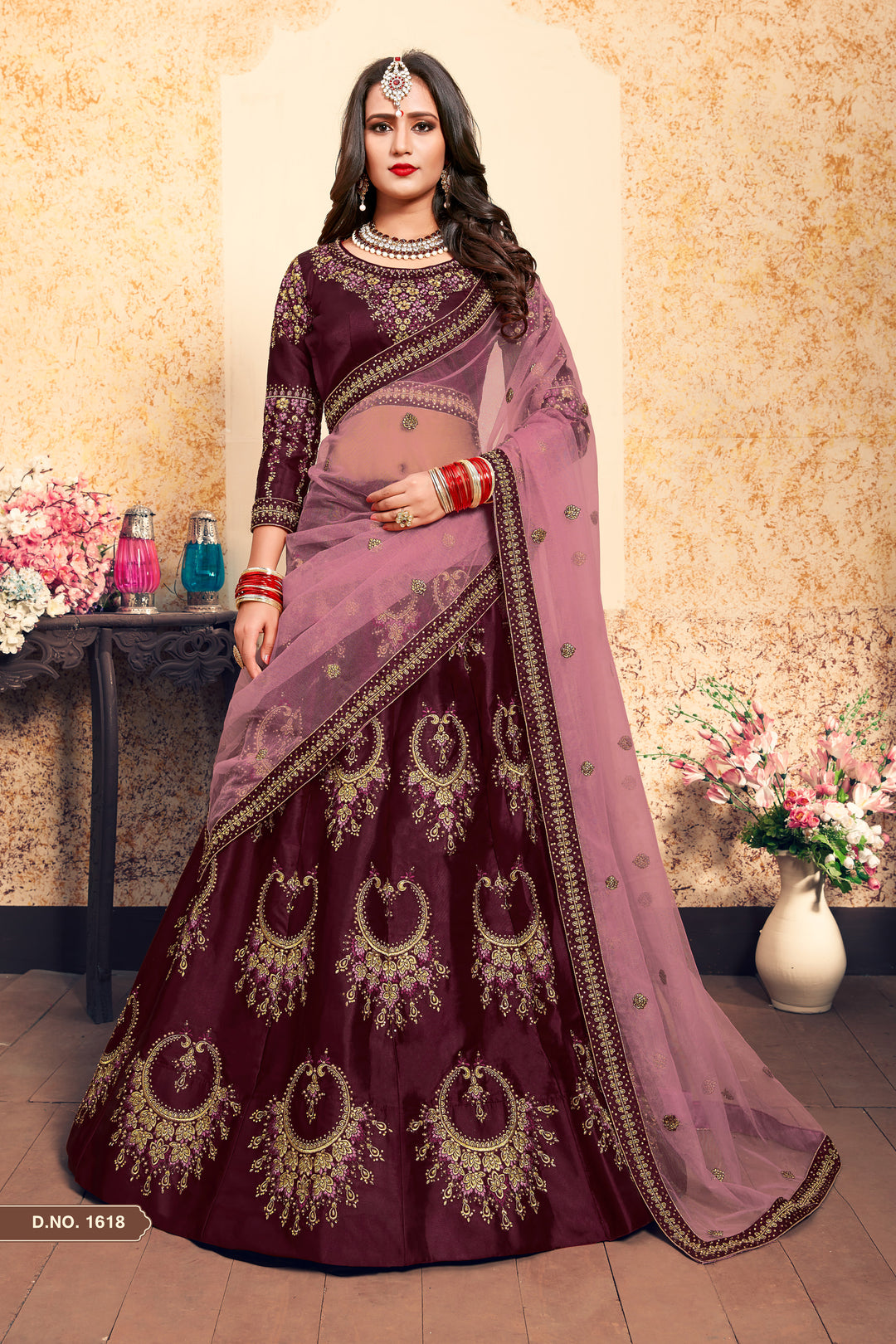 Elegant Satin Lehenga with Round Neck Blouse | Wedding Lehenga for Women