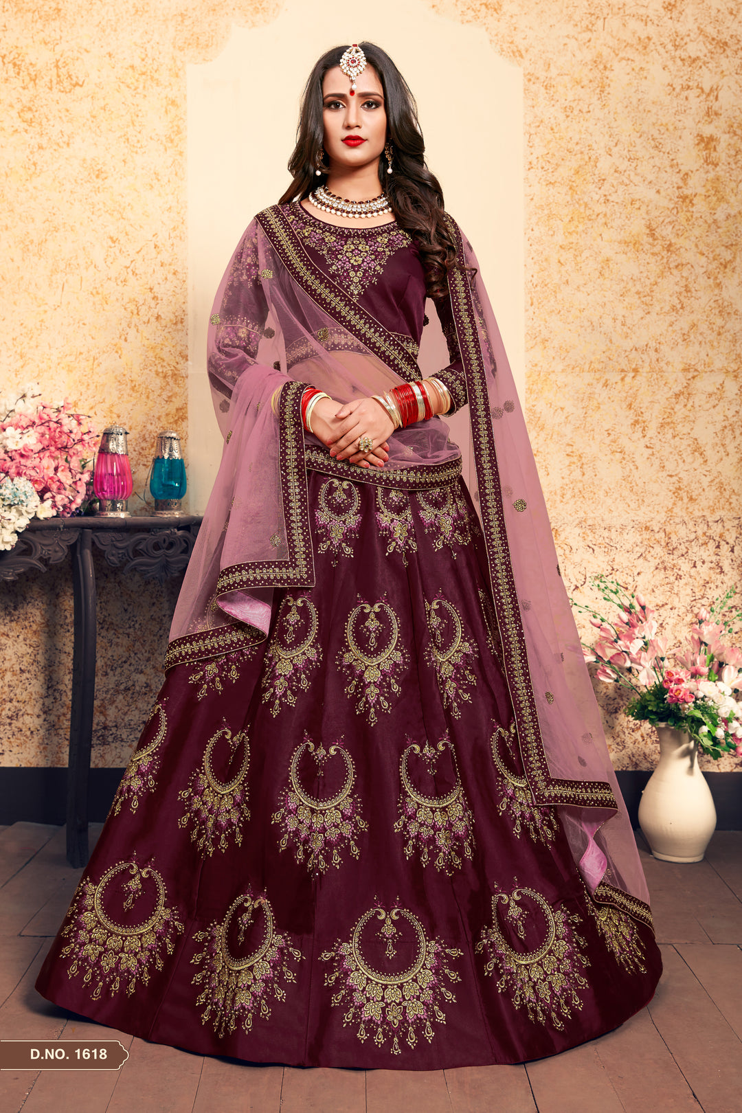 Elegant Satin Lehenga with Round Neck Blouse | Wedding Lehenga for Women