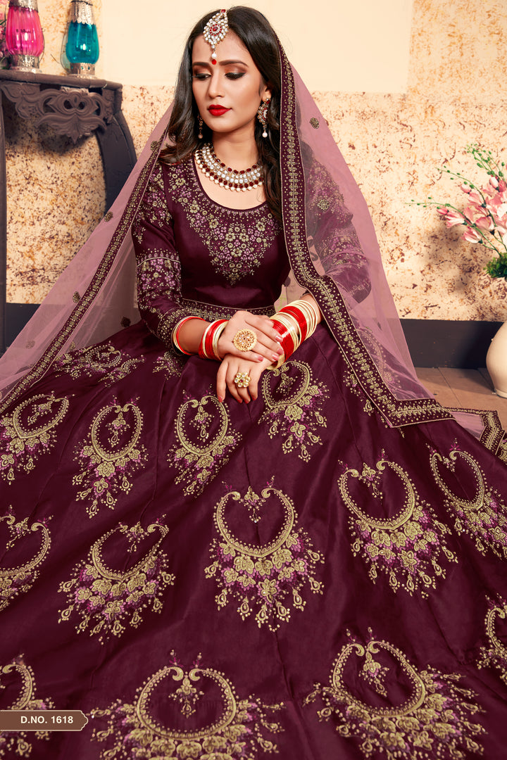 Elegant Satin Lehenga with Round Neck Blouse | Wedding Lehenga for Women