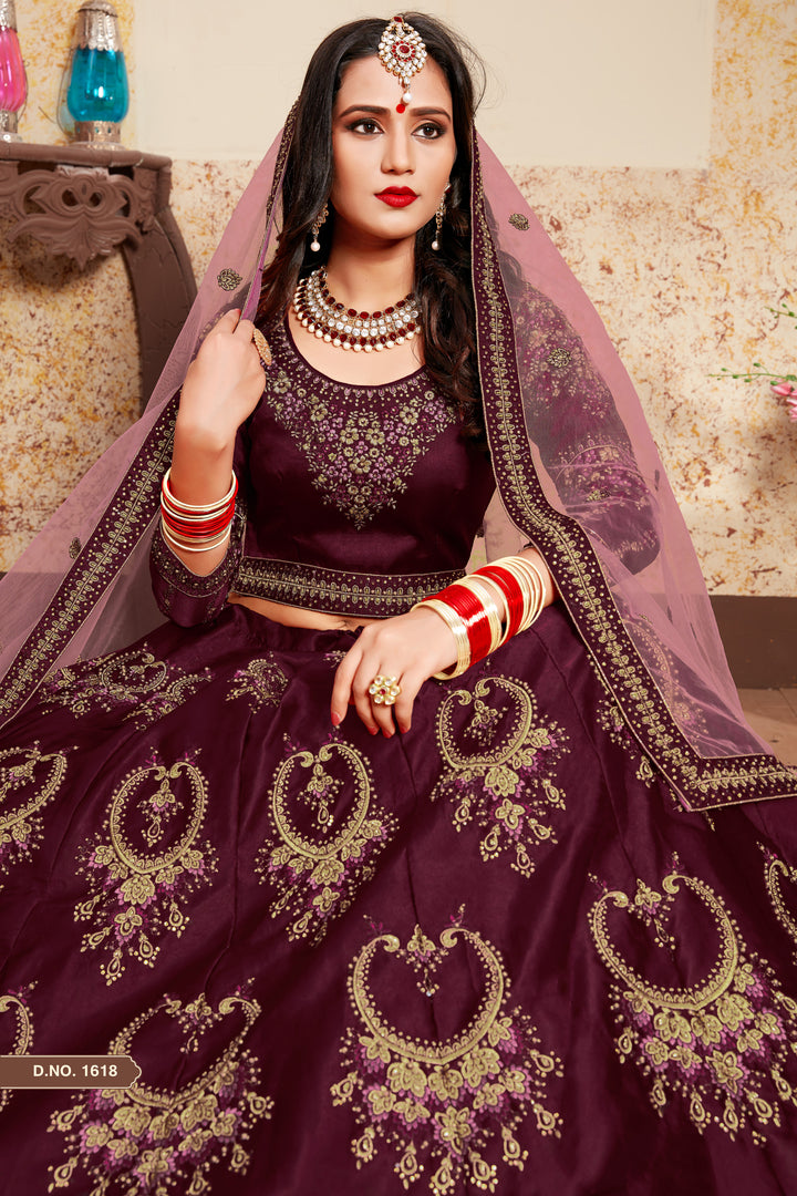 Elegant Satin Lehenga with Round Neck Blouse | Wedding Lehenga for Women