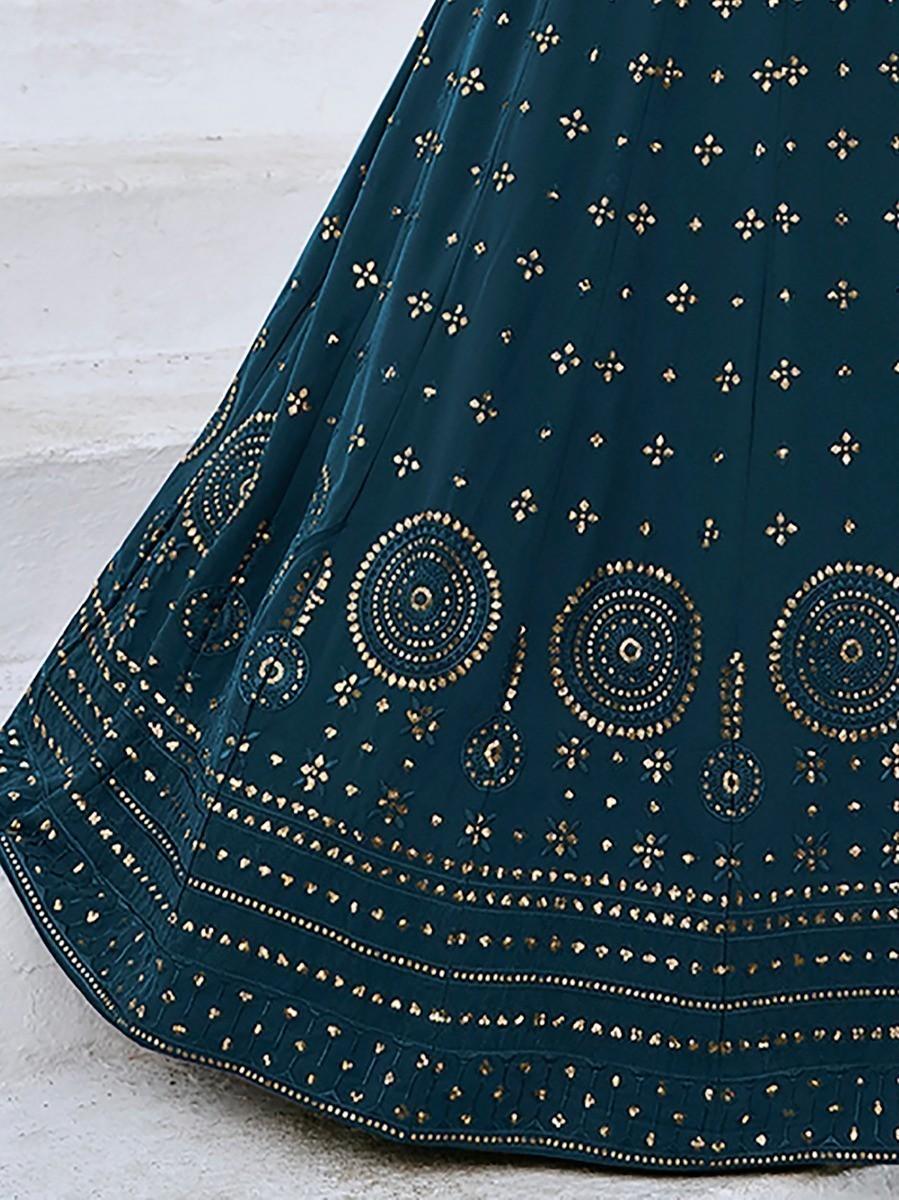 Teal blue wedding lehenga choli with georgette fabric and dupatta.