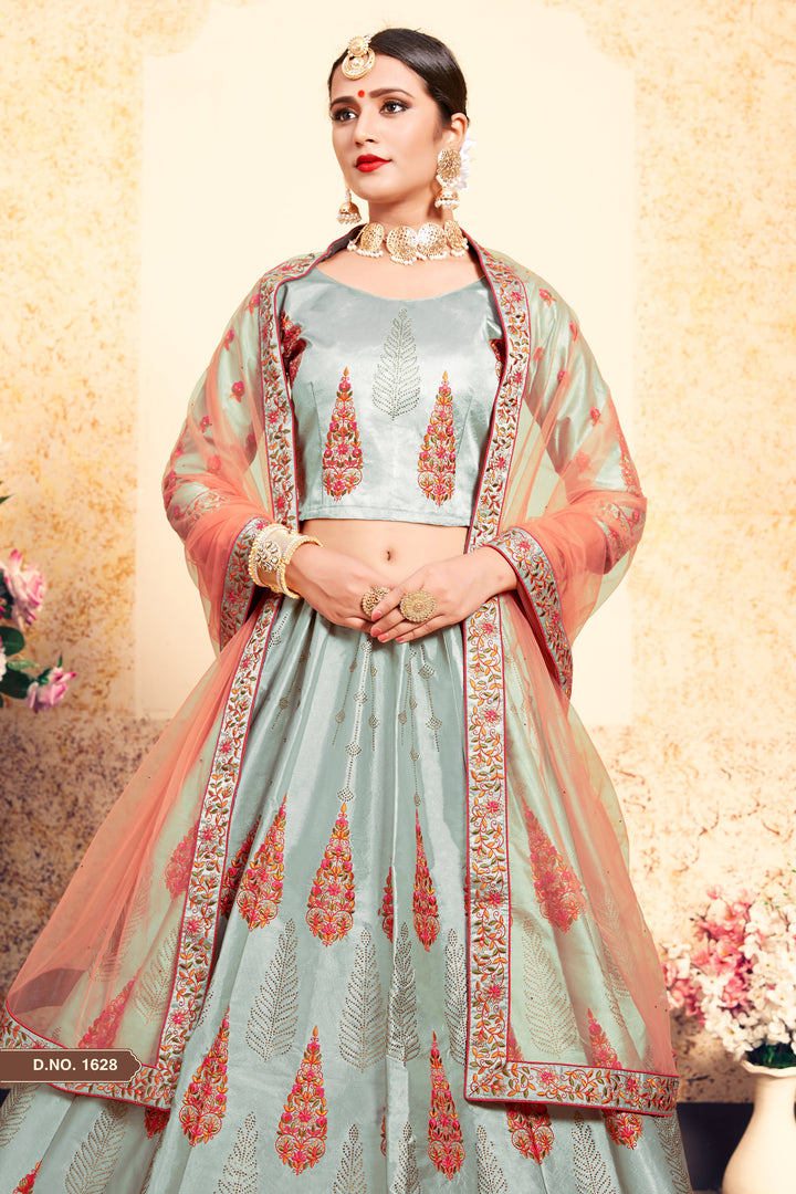 Elegant Satin Lehenga with Embroidered Blouse | Wedding Lehenga