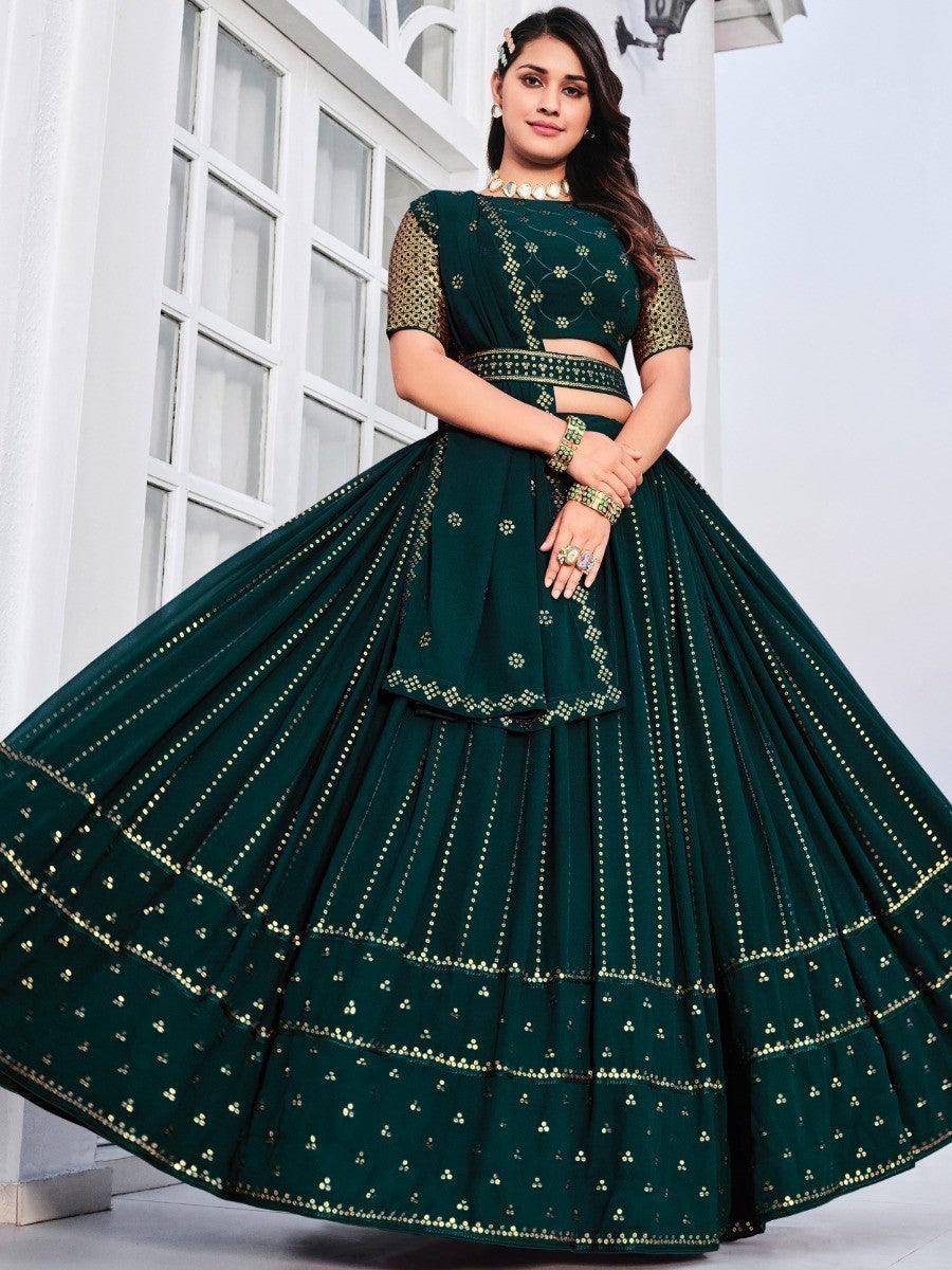 Stylish party wear green lehenga with thread and sequin embroidery.