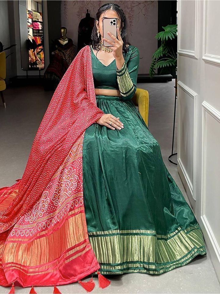 Luxurious Green Lehenga | Gaji Silk with Digital Pichwai Bandhani Dupatta