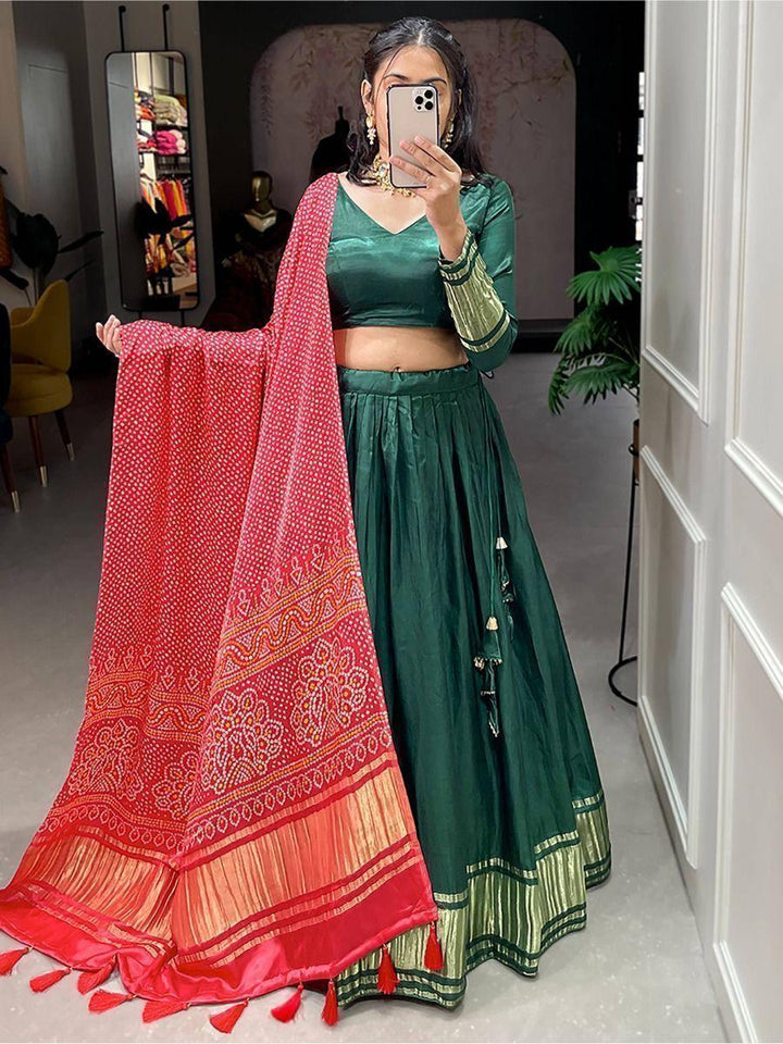 Luxurious Green Lehenga | Gaji Silk with Digital Pichwai Bandhani Dupatta