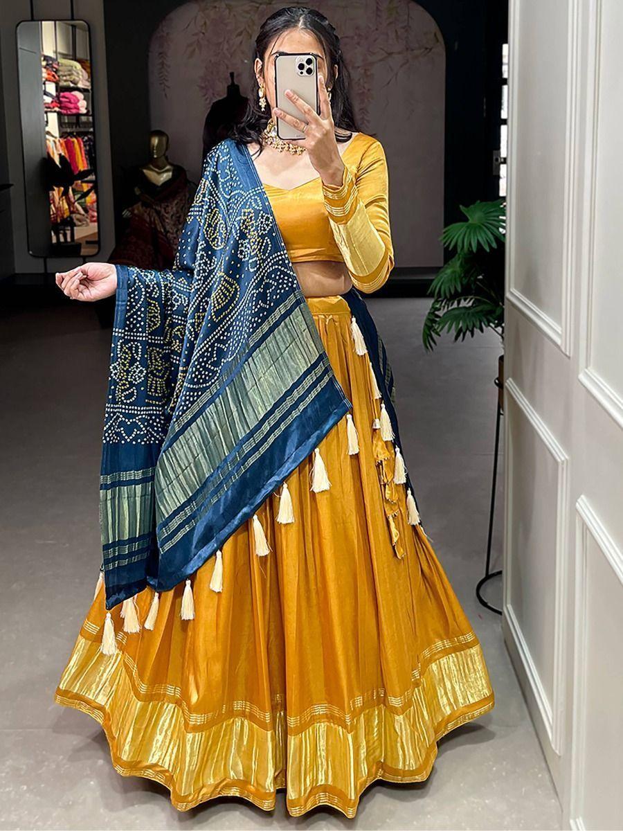 Sweet Yellow Gaji Silk Lehenga Choli | Bandhani Dupatta for Receptions