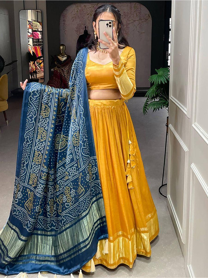 Sweet Yellow Gaji Silk Lehenga Choli | Bandhani Dupatta for Receptions