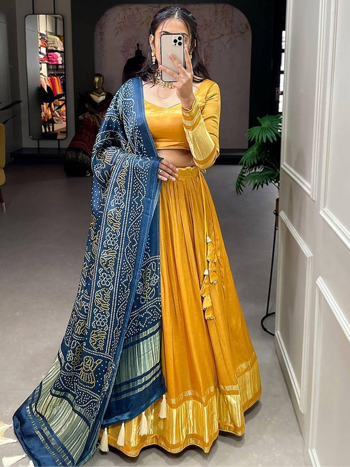 Sweet Yellow Gaji Silk Lehenga Choli | Bandhani Dupatta for Receptions