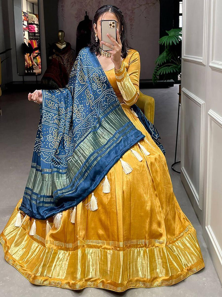 Sweet Yellow Gaji Silk Lehenga Choli | Bandhani Dupatta for Receptions