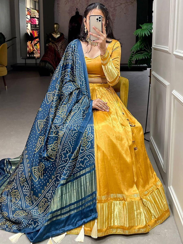 Sweet Yellow Gaji Silk Lehenga Choli | Bandhani Dupatta for Receptions