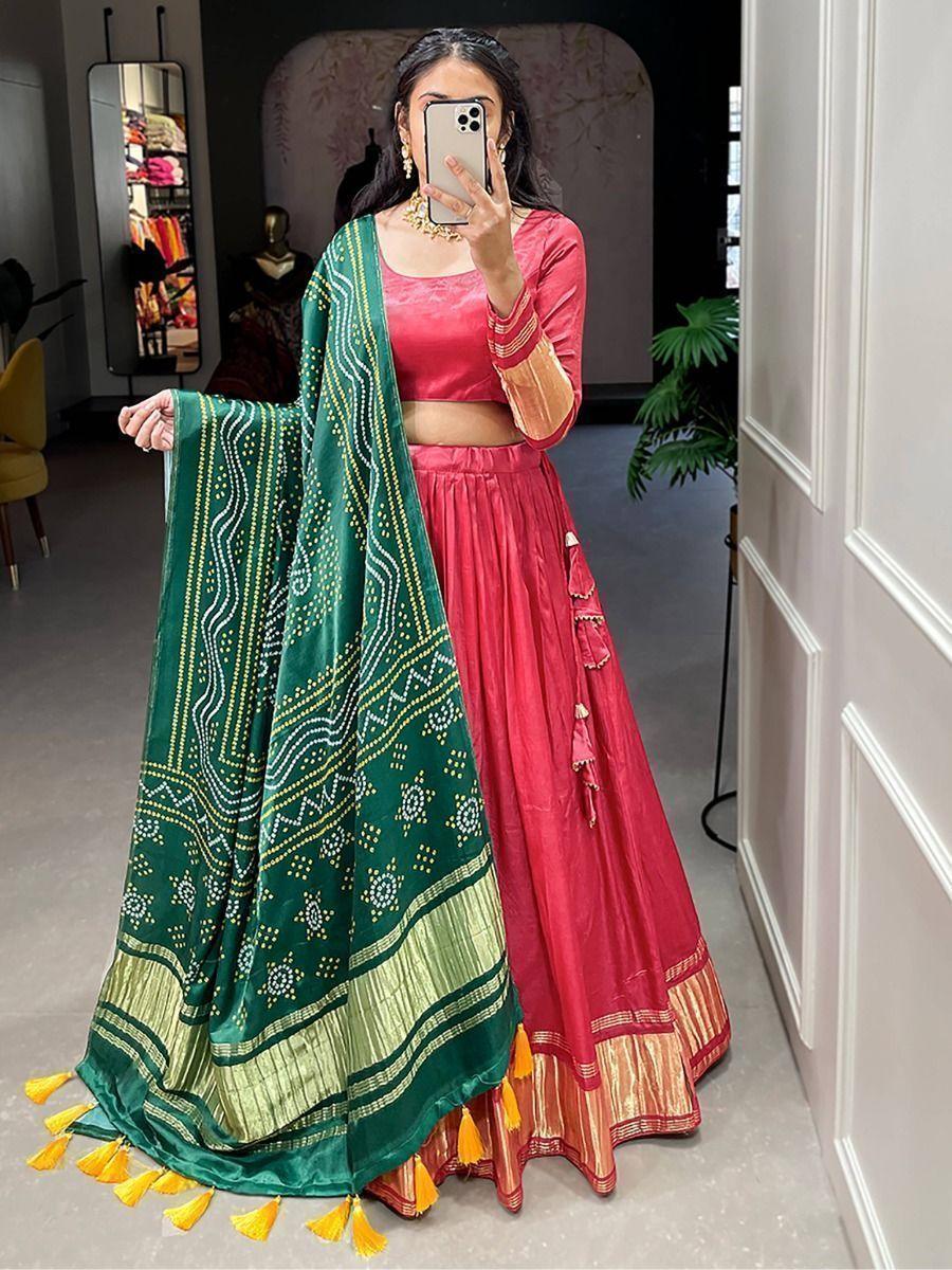 Classic Red Gaji Silk Lehenga | Traditional Lehenga Set with Bandhani Dupatta