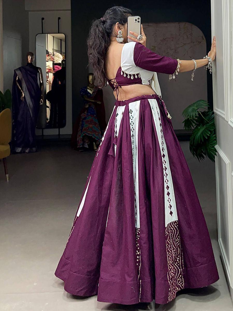 Cotton Navratri Lehenga Choli | Wine & White with Mirror & Kodi Lace Work