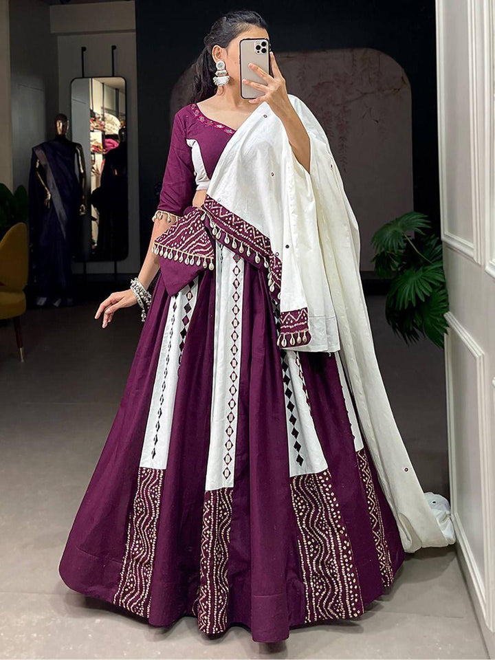 Cotton Navratri Lehenga Choli | Wine & White with Mirror & Kodi Lace Work