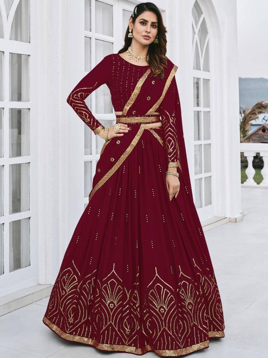 Maroon georgette lehenga with embroidered thread and sequin work.